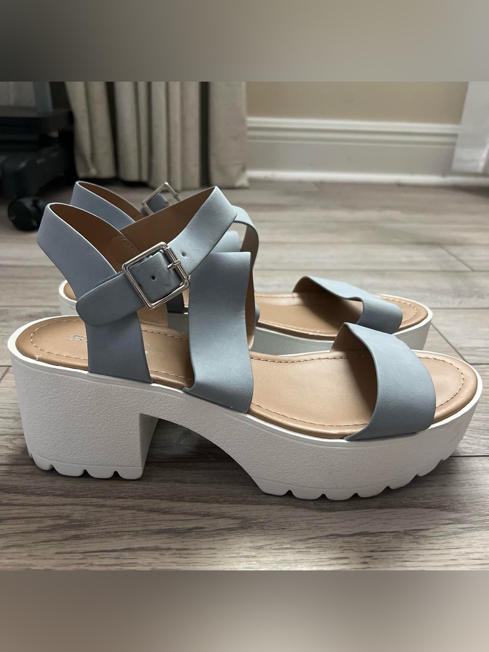 Soda Light Blue Chunky Platform Sandals with Buckle